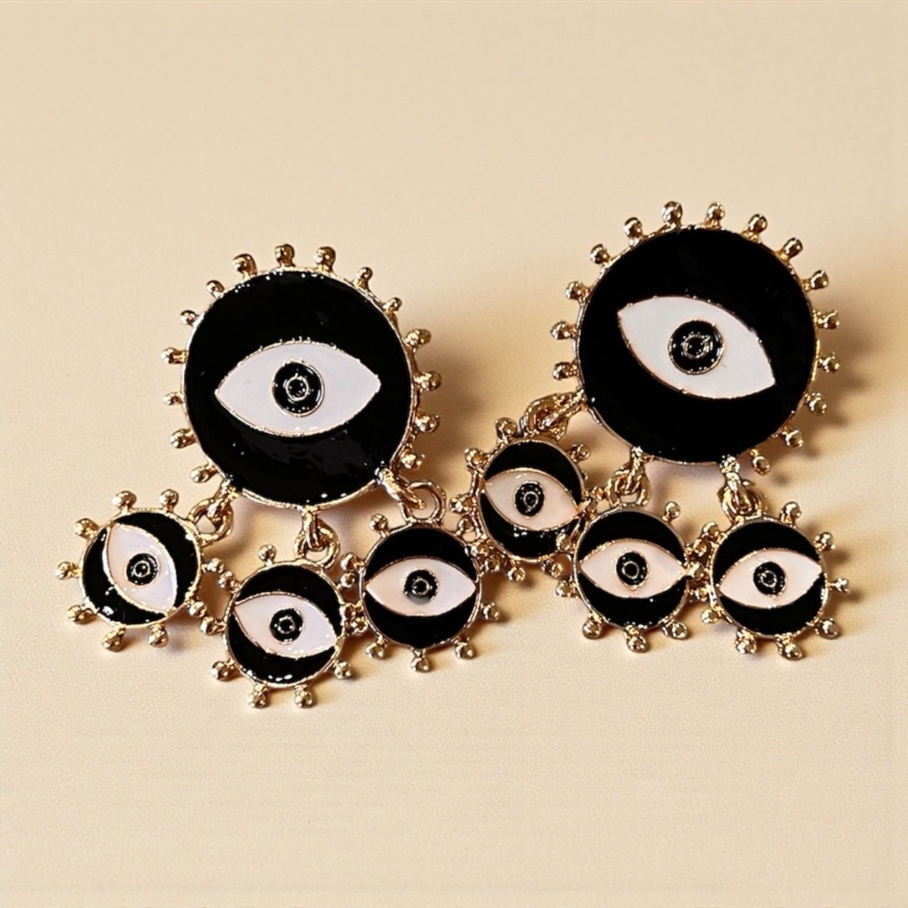 Chic Black and Gold Toned Evil Eye Dangling Earrings - Picture 6 of 17